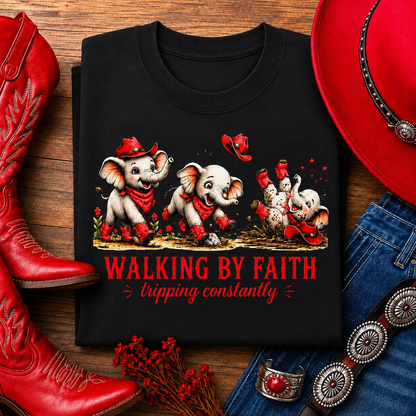 Walking By Faith Tripping Constantly T-Shirt – Cute Red Elephant Design, Faith Humor Tee