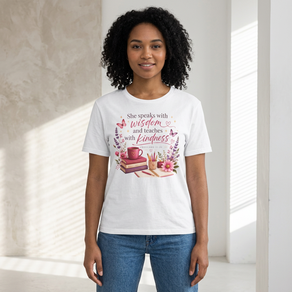 Christian Ladies' T-Shirt — "She speaks with wisdom and teaches with kindness" Floral Bible Verse Tee