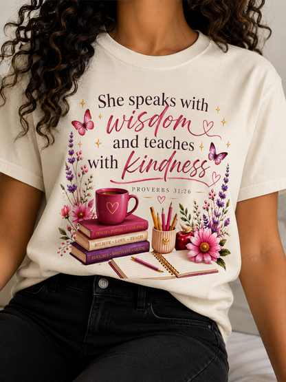 Christian Ladies' T-Shirt — "She speaks with wisdom and teaches with kindness" Floral Bible Verse Tee