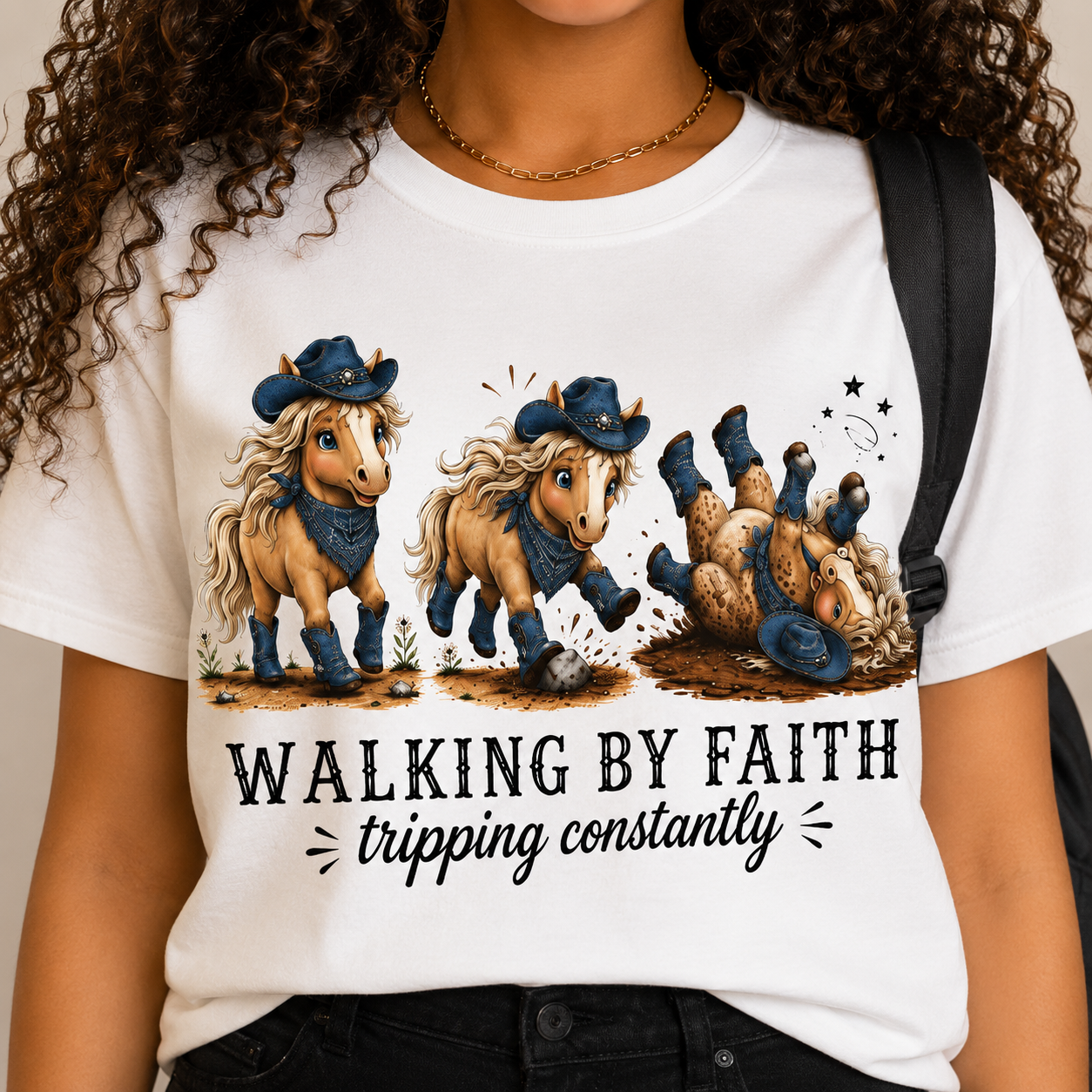 Walking by Faith (Tripping Constantly) Horse Denim Cowgirl  Graphic Tee