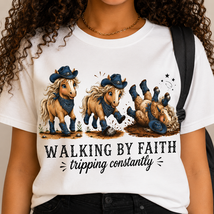 Walking by Faith (Tripping Constantly) Horse Denim Cowgirl  Graphic Tee