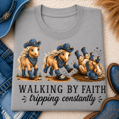 Walking by Faith (Tripping Constantly) Horse Denim Cowgirl  Graphic Tee