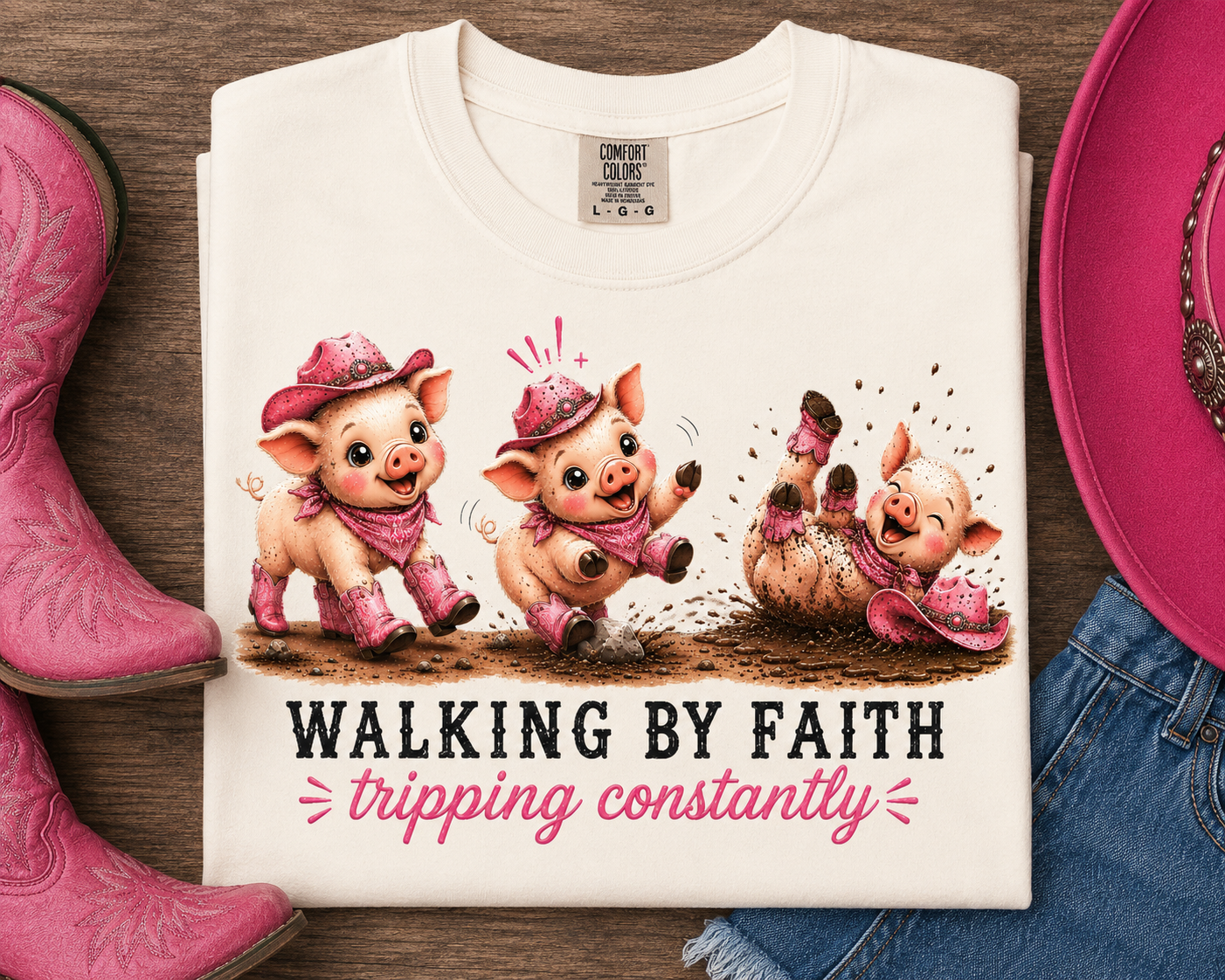 Walking by Faith Tripping Constantly Pig Tee