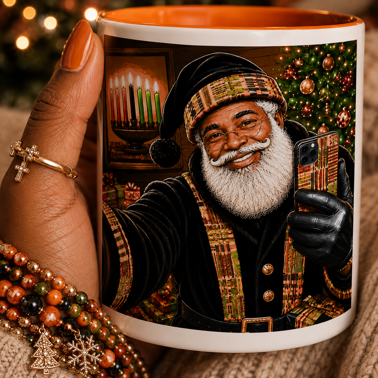 Kwanzaa Santa Mug Black Santa Claus Selfie Kinara Coffee Cup African American Christmas Kwanzaa Gift Orange Accent Mug
