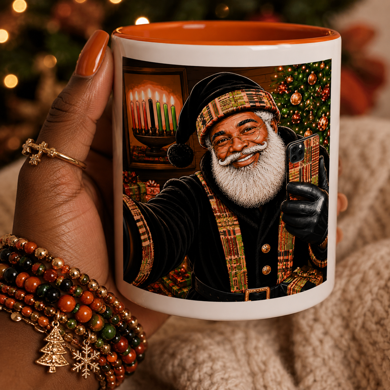 Kwanzaa Santa Mug Black Santa Claus Selfie Kinara Coffee Cup African American Christmas Kwanzaa Gift Orange Accent Mug