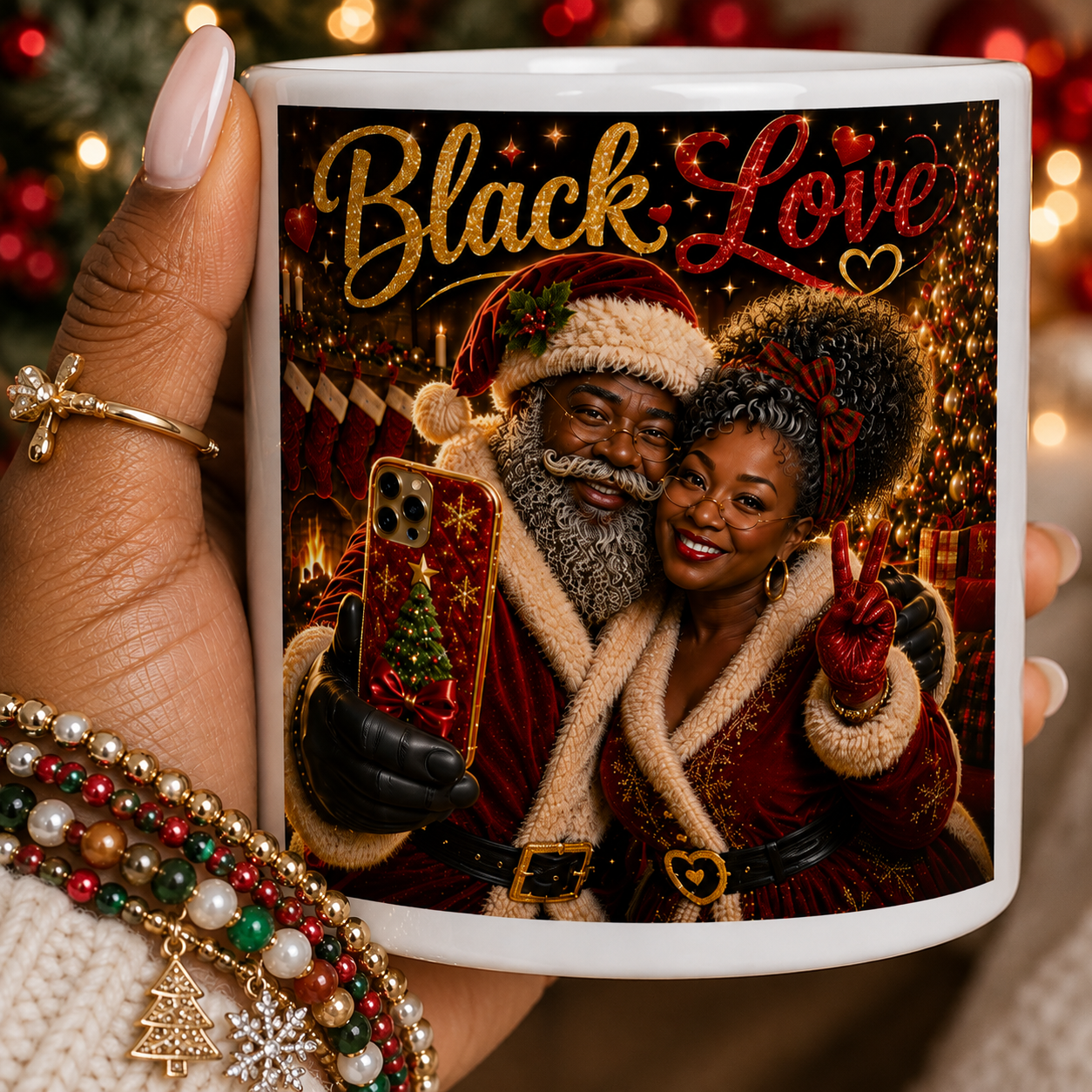 Black Love Mug Mr and Mrs Black Santa Claus Selfie Christmas Coffee Cup Black Couple Holiday Gift African American Santa Mrs Claus Mug