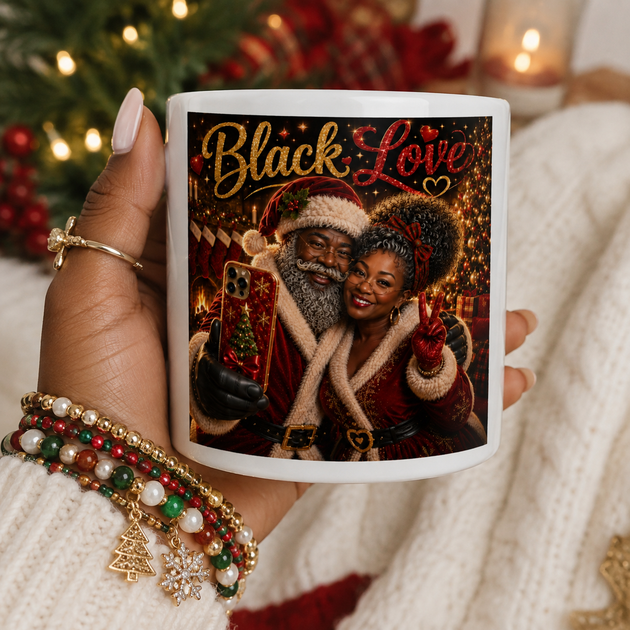 Black Love Mug Mr and Mrs Black Santa Claus Selfie Christmas Coffee Cup Black Couple Holiday Gift African American Santa Mrs Claus Mug