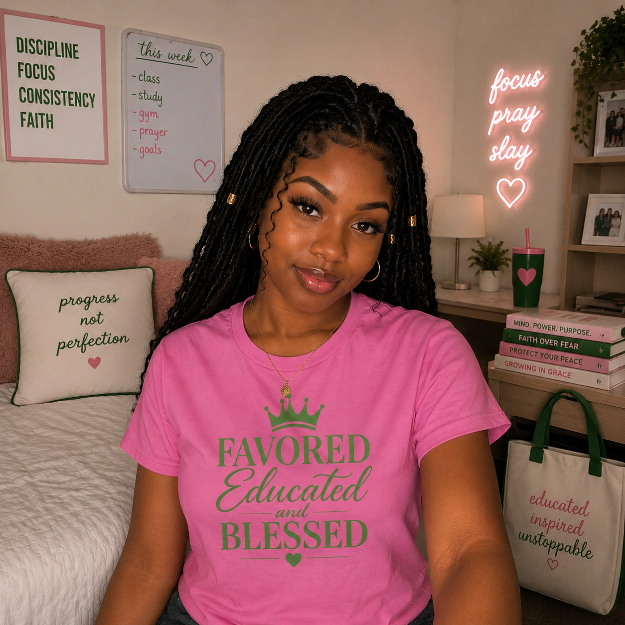 Favored Educated and Blessed Tee Pink Green