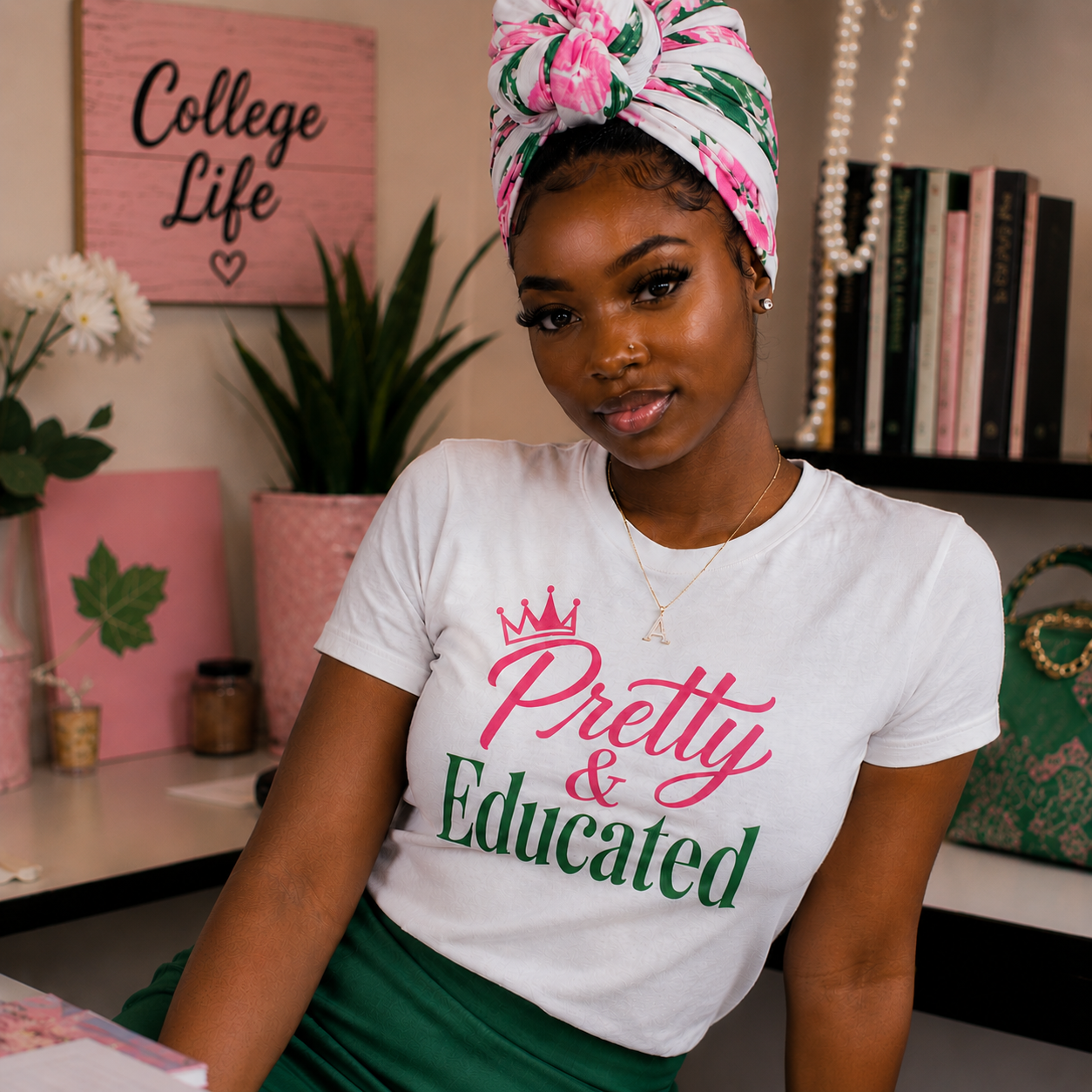 Pretty & Educated Tee |College Feminine Pink  Green Shirt