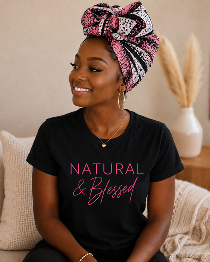 Natural & Blessed tee | Women's t-shirt, pink Natural Hair Christian faith design