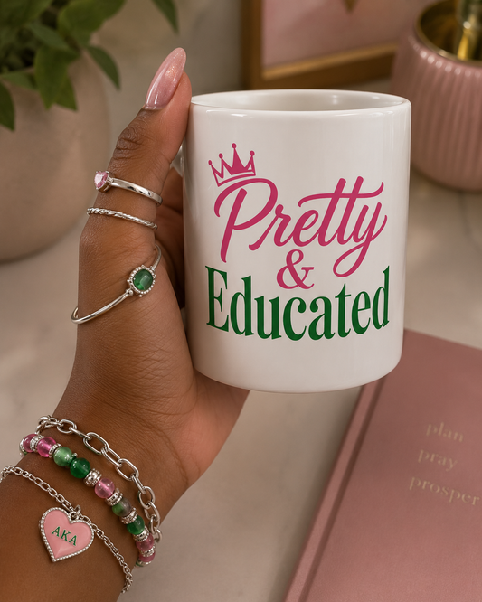 Pretty & Educated HBCU Mug | Black Girl College Coffee Cup, Pink Green Script Mug