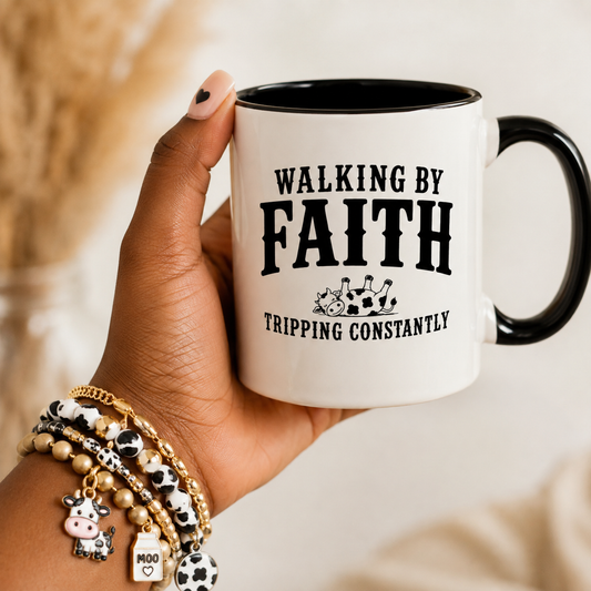 Walking By Faith Tripping Constantly Cow Mug, Christian Coffee Mug, Faith Based Gift, Cow Lover Gift, Funny Christian Mug, Faith Gift