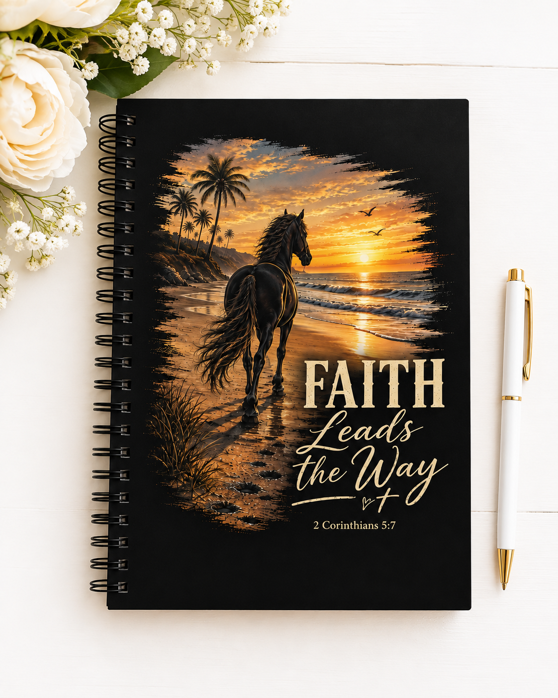 Faith Leads The Way Horse Journal | Christian Equestrian Gift | Horse Lover Bible Verse Notebook | 2 Corinthians 5:7 Spiral Journal