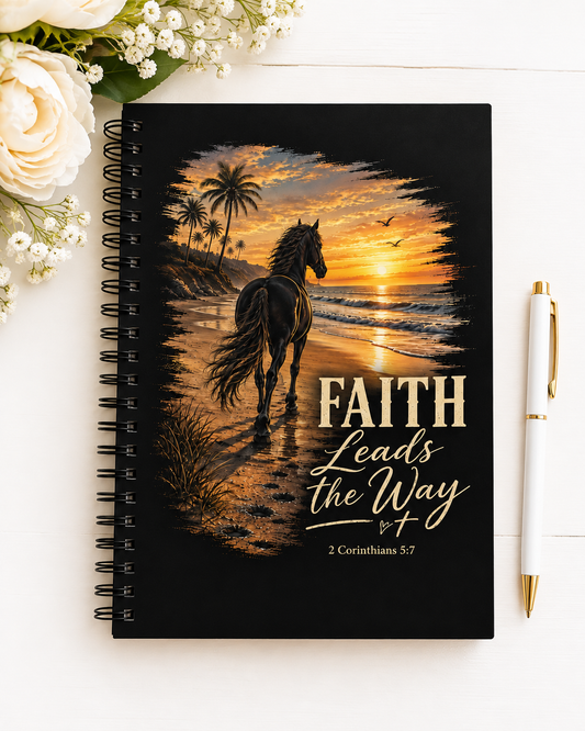Faith Leads The Way Horse Journal | Christian Equestrian Gift | Horse Lover Bible Verse Notebook | 2 Corinthians 5:7 Spiral Journal