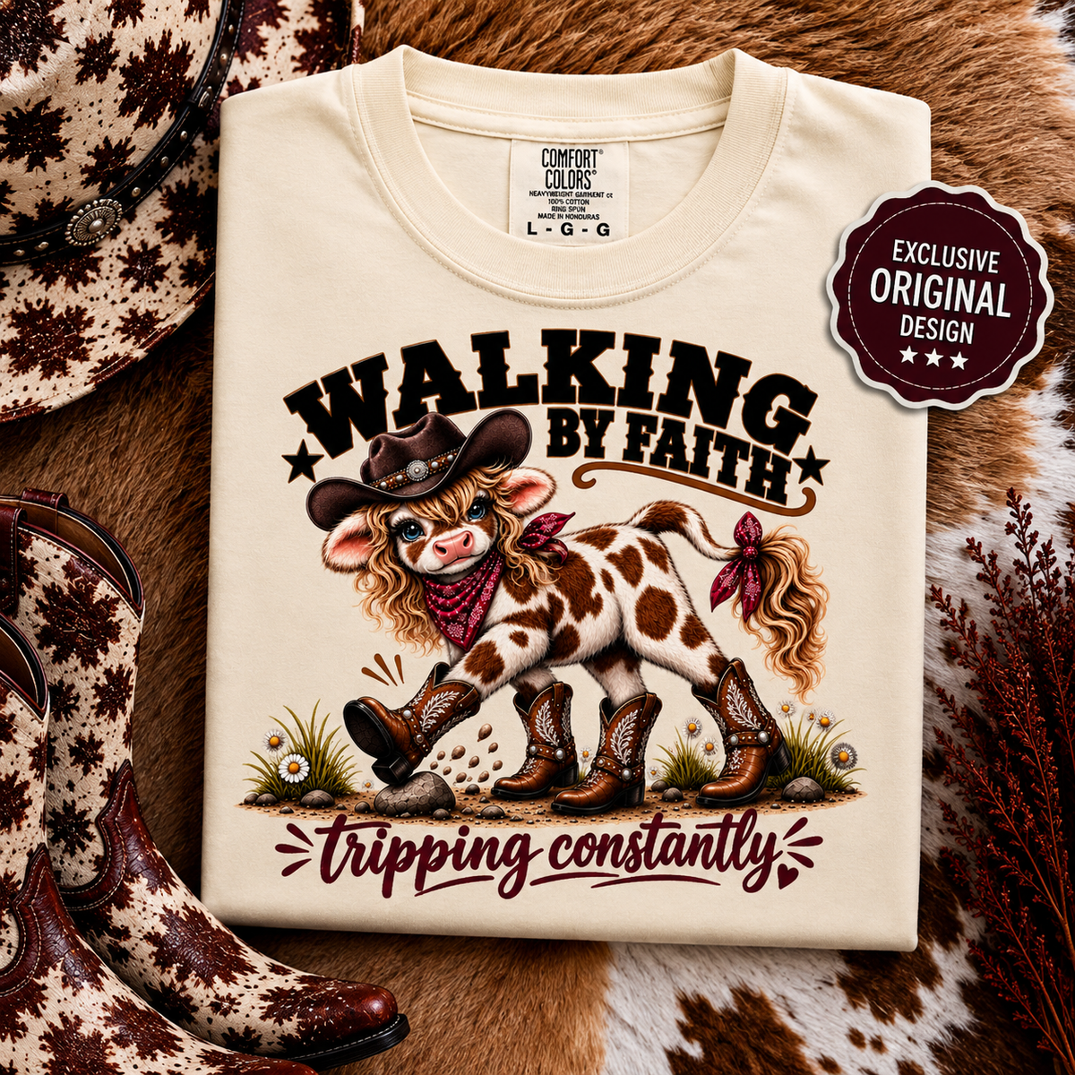 Walking By Faith Tripping Constantly Sassy Cow Comfort Colors® Cowgirl Tee