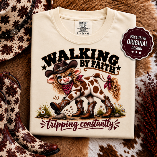 Walking By Faith Tripping Constantly Sassy Cow Comfort Colors® Cowgirl Tee