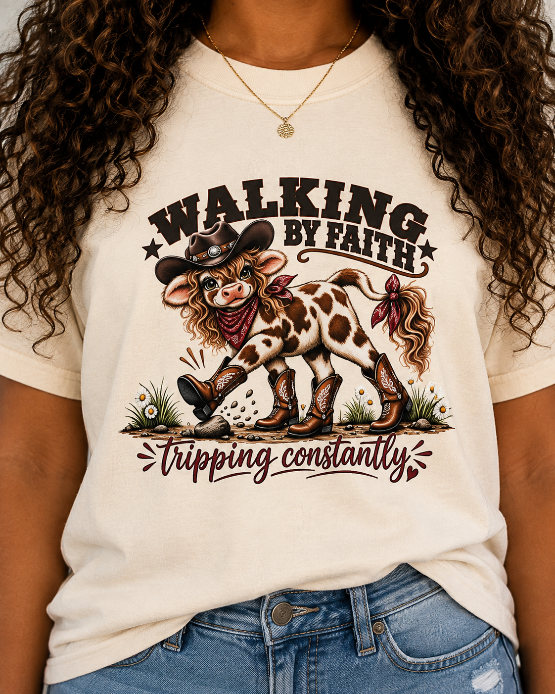 Walking By Faith Tripping Constantly Sassy Cow Comfort Colors® Cowgirl Tee
