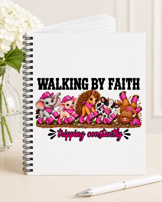 Walking By Faith Tripping Constantly Journal, Funny Christian Notebook, Cute Animal Spiral Notebook, Farm Animal Faith Gift for Her