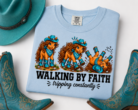 Walking By Faith Tripping Constantly Teal Shirt Funny Horse Comfort Colors® Tee