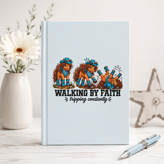 Walking By Faith Tripping Constantly Journal, Christian Cowgirl Horse Lover Notebook, Western Faith Journal, Funny Cowboy Horse Gift
