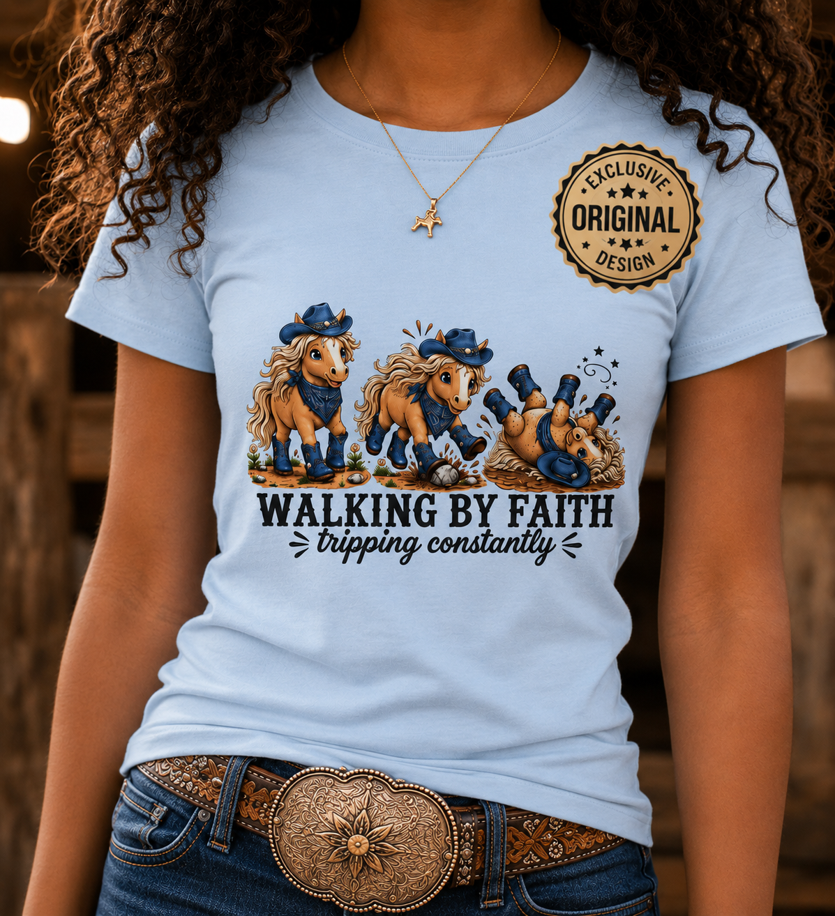 Walking By Faith Tripping Constantly Shirt Western Cowgirl  Fitted Tee