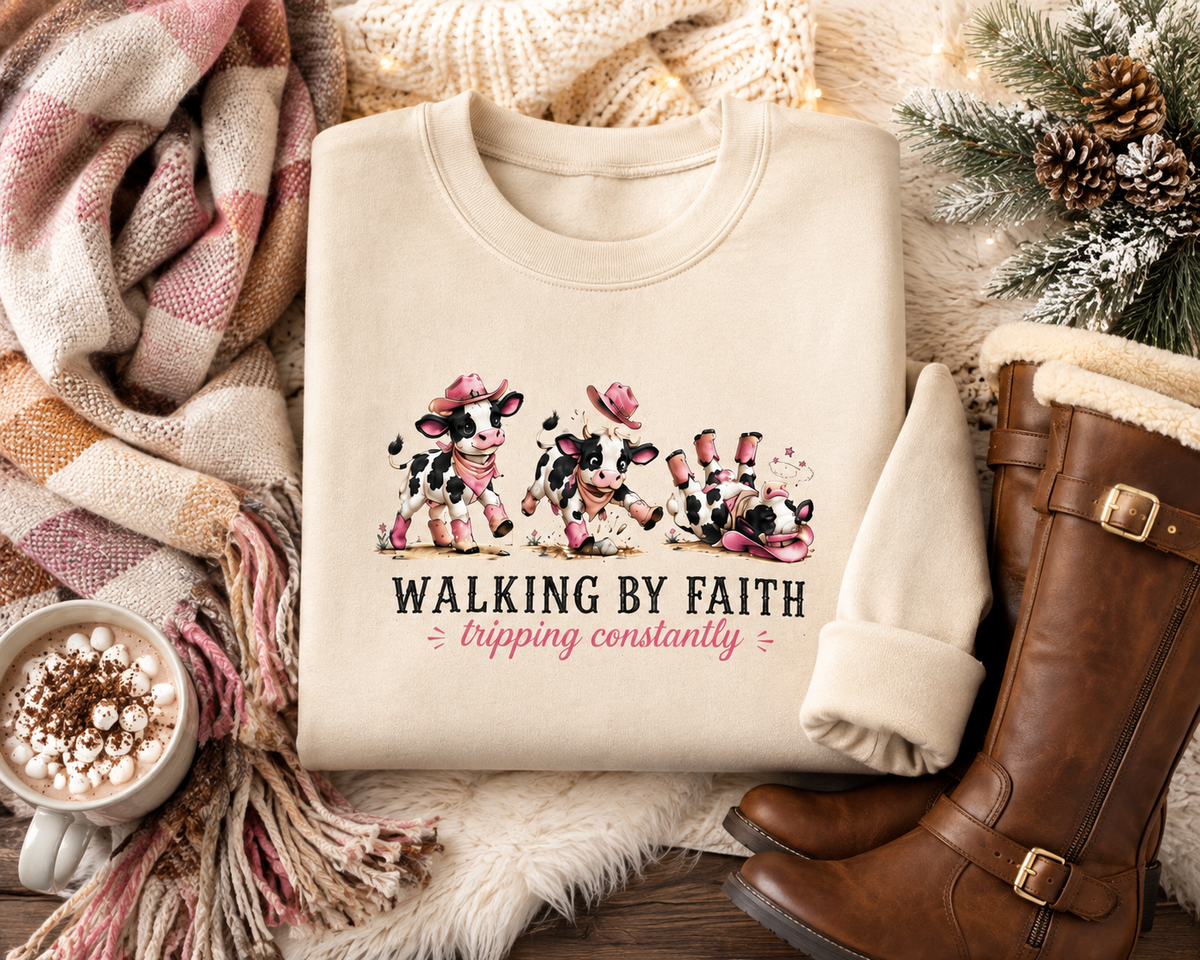 Walking By Faith Tripping Constantly Spotted Cow Sweatshirt