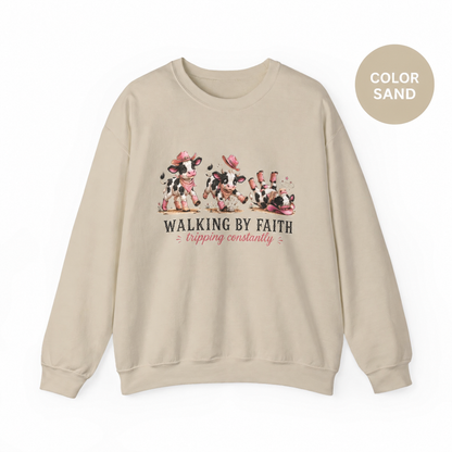 Walking By Faith Tripping Constantly Spotted Cow Sweatshirt