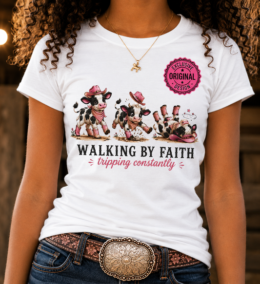 Walking By Faith Tripping Constantly Cow Fitted Shirt