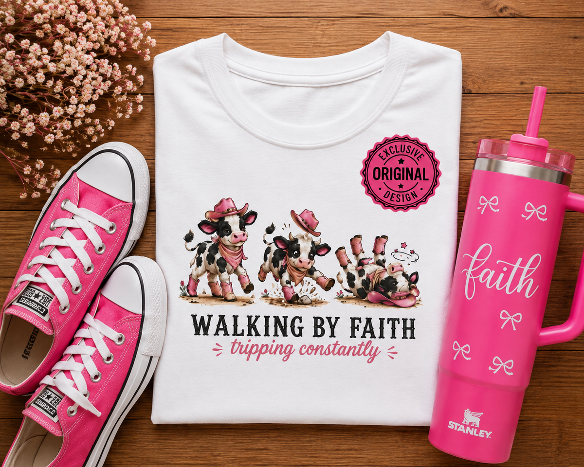 Walking By Faith Tripping Constantly Cow Fitted Shirt