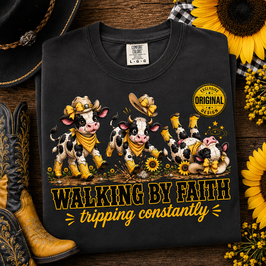 Comfort Colors® Walking By Faith Tripping Constantly Yellow Flowers Cow Shirt