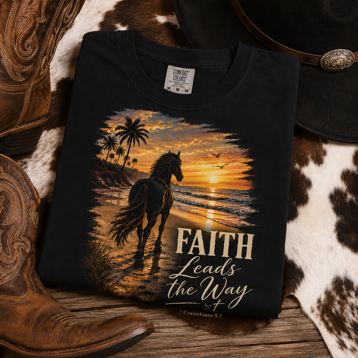 Faith Leads The Way Shirt, Horse Sunset Beach Tshirt, Christian Horse Lover Rodeo Gift, 2 Corinthians Faith Tee, Womens Religious Shirt