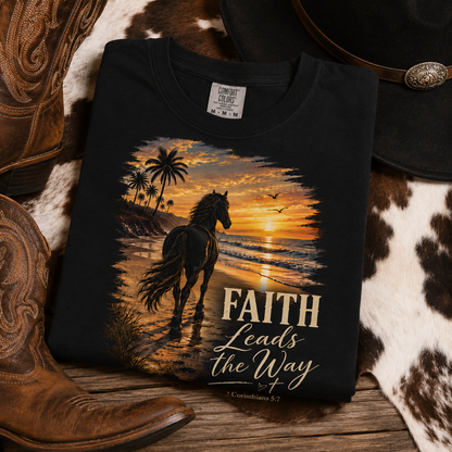 Faith Leads The Way Shirt, Horse Sunset Beach Tshirt, Christian Horse Lover Rodeo Gift, 2 Corinthians Faith Tee, Womens Religious Shirt