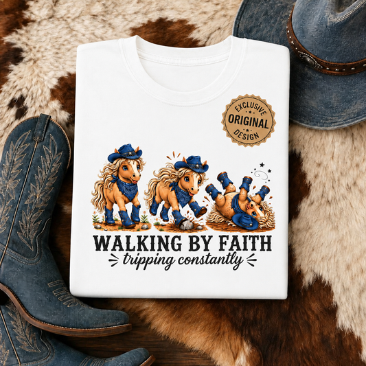 Walking by Faith (Tripping Constantly) Horse Denim Cowgirl Graphic Tee