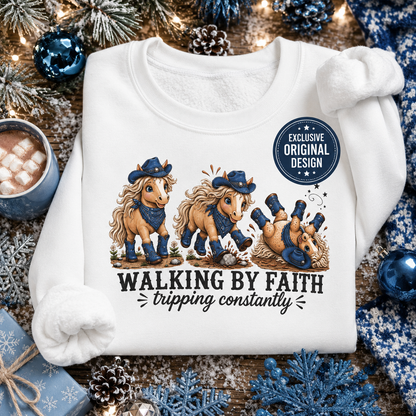 Walking By Faith Tripping Constantly Sweatshirt Cowgirl Horse Winter Holiday Christmas Sweatshirt