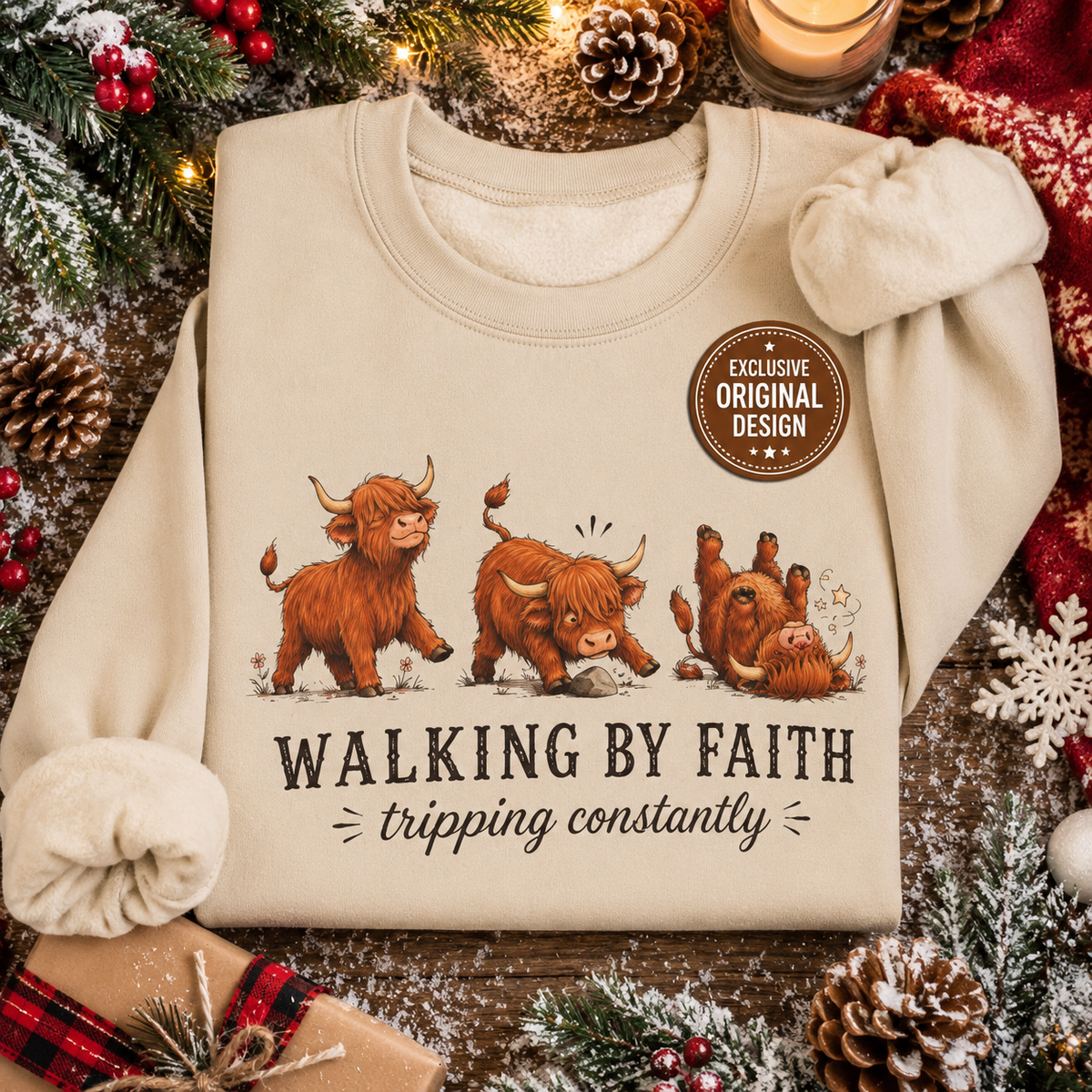 Walking By Faith Tripping Constantly Highland Cow Christmas Winter Sweatshirt