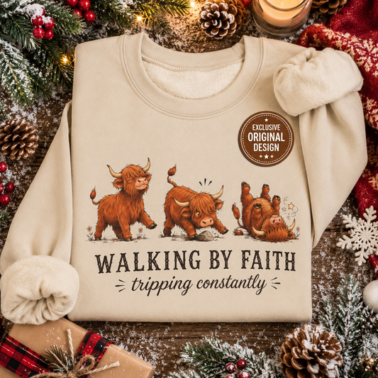 Walking By Faith Tripping Constantly Highland Cow Christmas Winter Sweatshirt