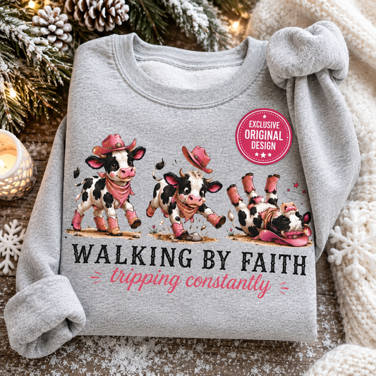 Walking By Faith Tripping Constantly Cow Winter Holiday Sweatshirt