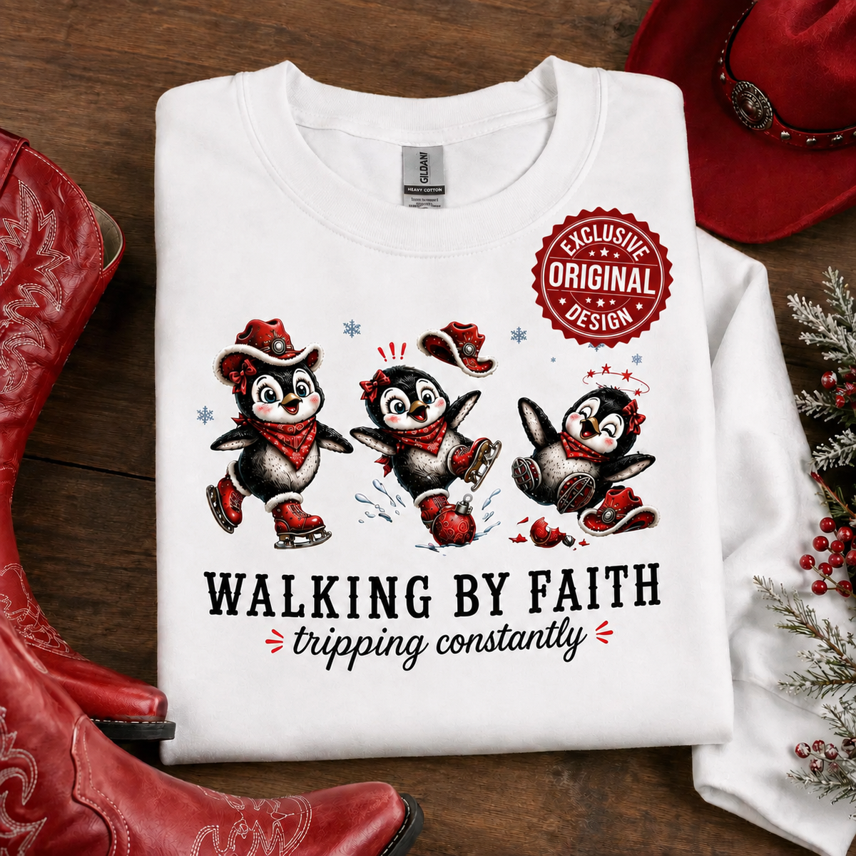 Walking By Faith Tripping Constantly Winter Penguin Figure Skating Sweatshirt