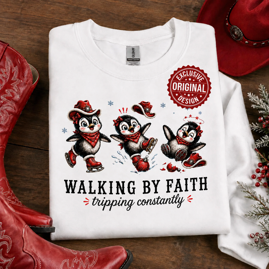 Walking By Faith Tripping Constantly Winter Penguin Figure Skating Sweatshirt