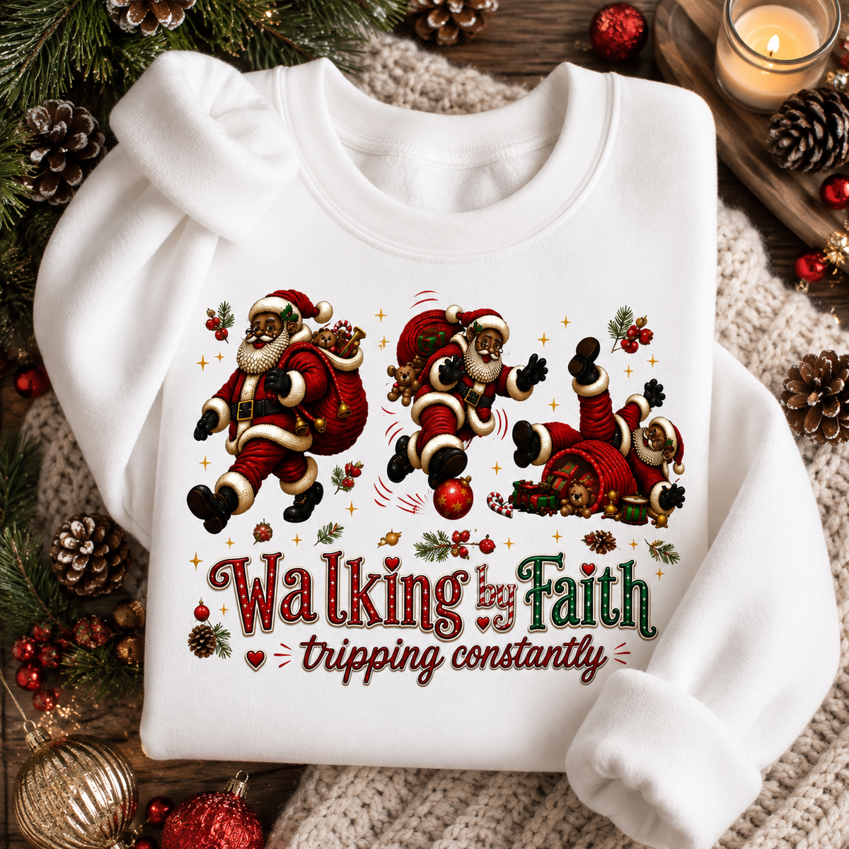 Walking By Faith Tripping Constantly Christmas Sweatshirt Black Santa Sweatshirt Crewneck