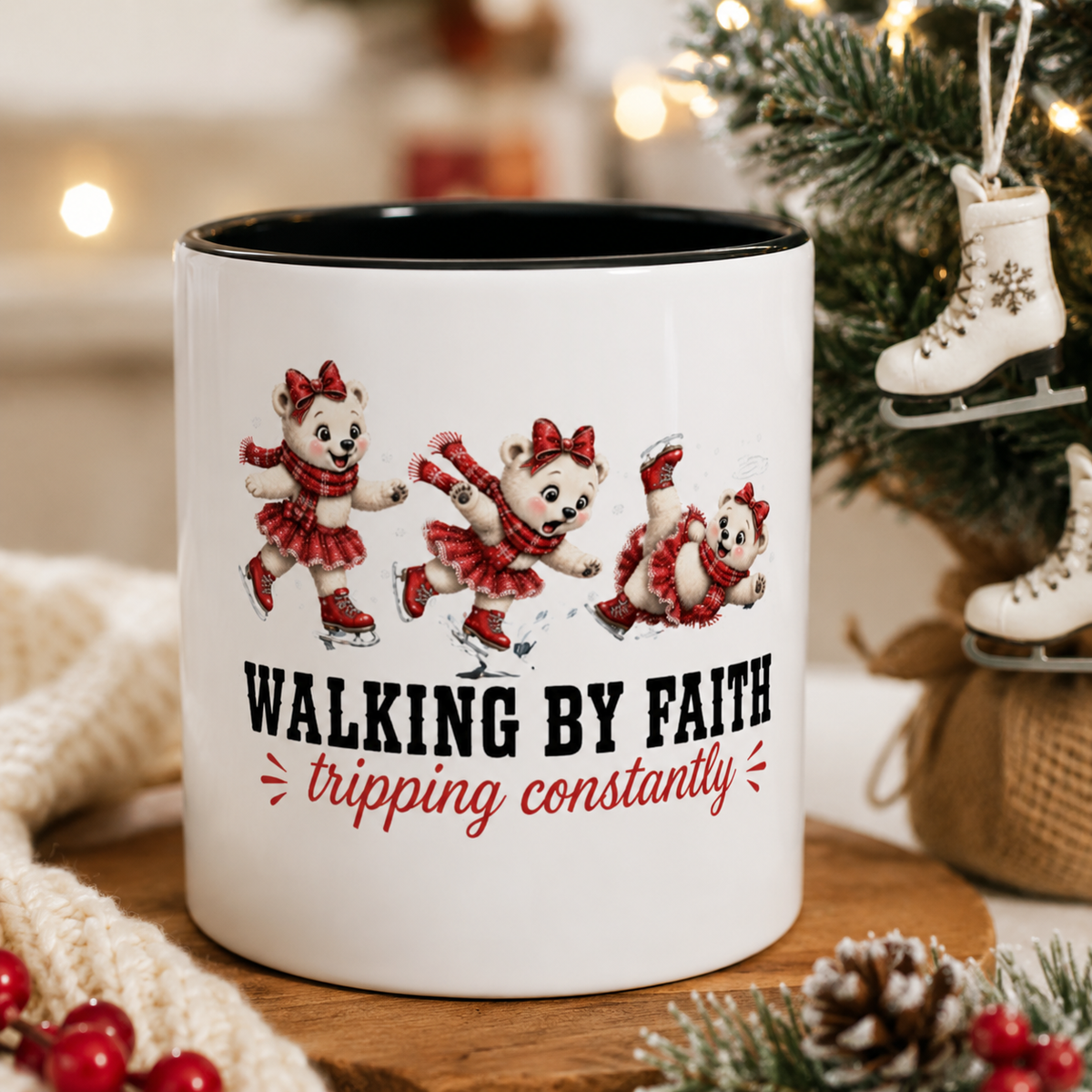 Walking By Faith Tripping Constantly Polar Bear Mug, Christmas Ice Skating Coffee Cup