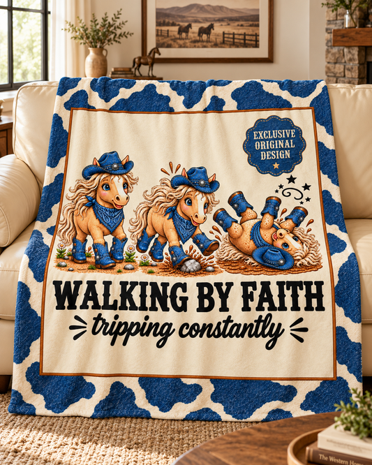 Walking by Faith Tripping Constantly Horse Blanket, Velveteen Denim Western Cowgirl, Gift for Teen Tween Horse Lover