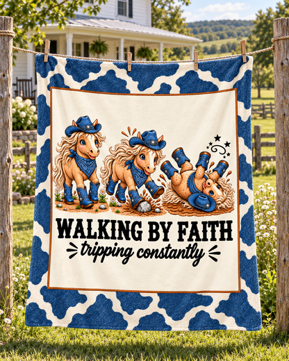 Walking by Faith Tripping Constantly Horse Blanket, Velveteen Denim Western Cowgirl, Gift for Teen Tween Horse Lover
