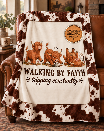 Walking by Faith Tripping Constantly Highland Cow Blanket, Velveteen Western Print, Winter Cozy Get Well Gift