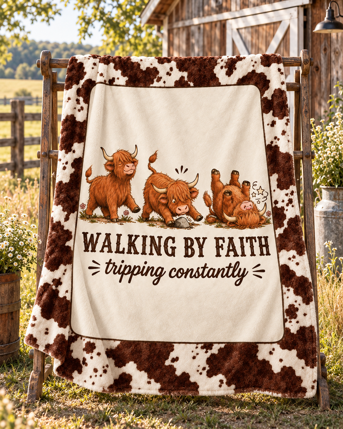 Walking by Faith Tripping Constantly Highland Cow Blanket, Velveteen Western Print, Winter Cozy Get Well Gift