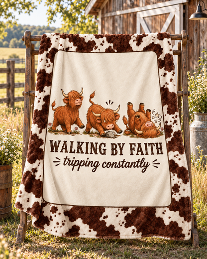 Walking by Faith Tripping Constantly Highland Cow Blanket, Velveteen Western Print, Winter Cozy Get Well Gift