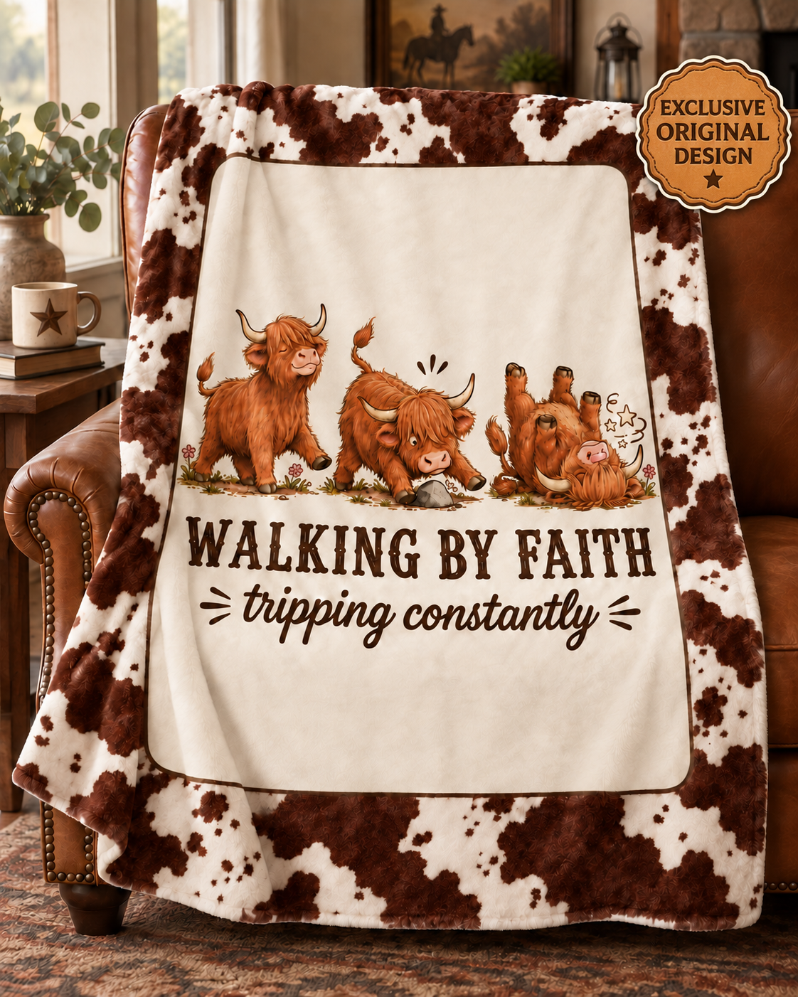 Walking by Faith Tripping Constantly Highland Cow Blanket, Velveteen Western Print, Winter Cozy Get Well Gift