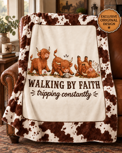 Walking by Faith Tripping Constantly Highland Cow Blanket, Velveteen Western Print, Winter Cozy Get Well Gift