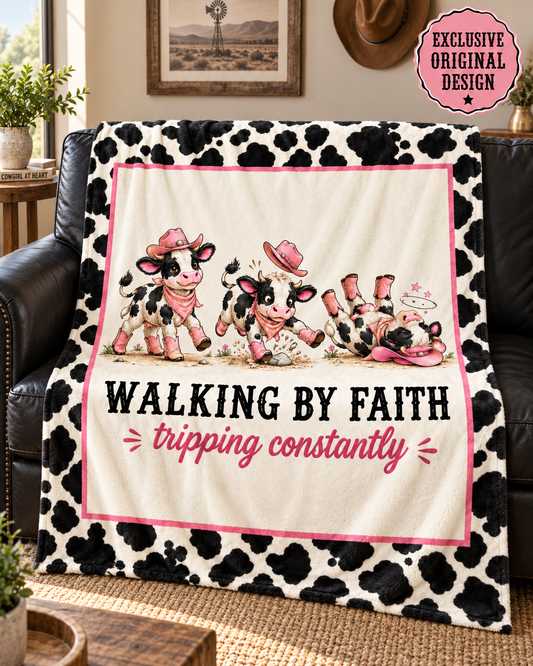 Walking by Faith Tripping Constantly Cow Blanket, Velveteen Western Cow Print, Winter Cozy Gift