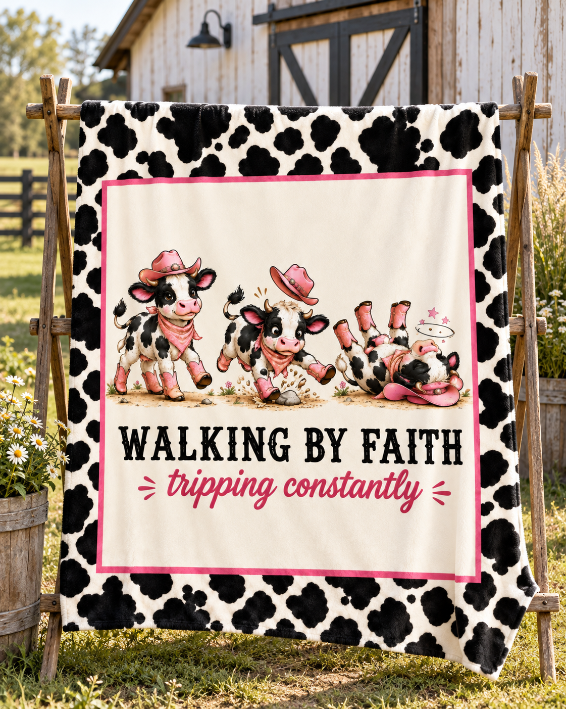 Walking by Faith Tripping Constantly Cow Blanket, Velveteen Western Cow Print, Winter Cozy Gift